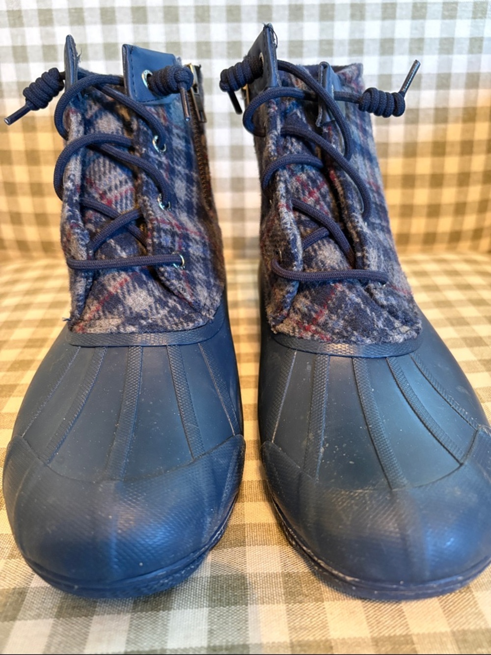 Navy Duck Boots with Plaid Wool Collar